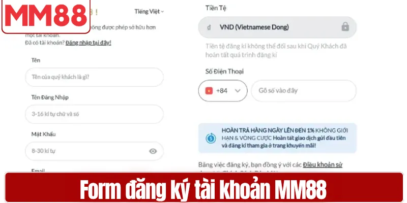 Đăng Ký MM88 Nhanh Chóng Chỉ 3 Phút Cho Người Mới Giao diện form đăng ký tài khoản MM88 chuẩn và đầy đủ thông tin