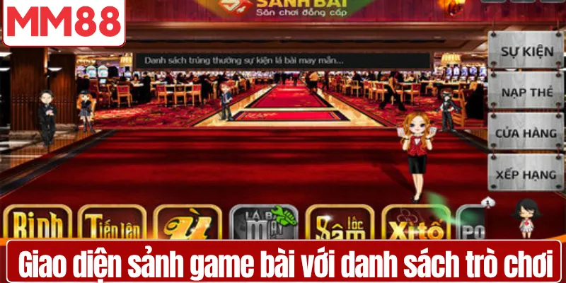 Game Bài MM88 Sảnh Giải Trí Đổi Thưởng Hấp Dẫn Giao diện sảnh game bài với danh sách trò chơi rõ ràng