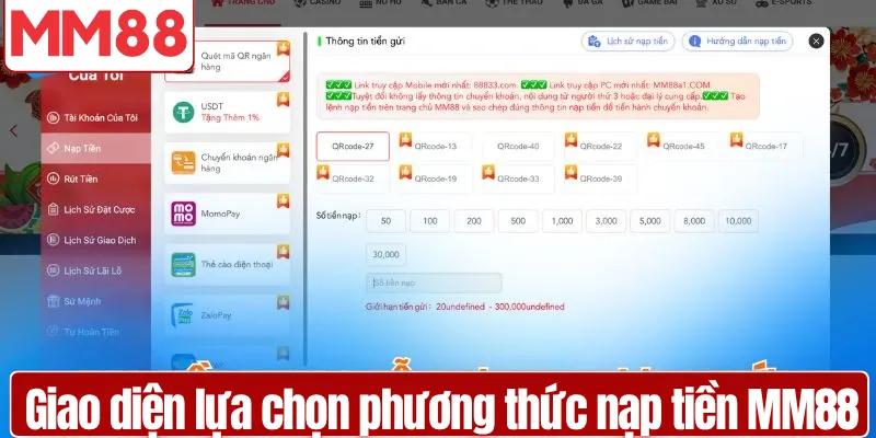 Nạp Tiền MM88 An Toàn Nhanh Chóng Nhận Ưu Đãi Cao Giao diện nạp tiền MM88 qua ví điện tử chỉ trong vài bước