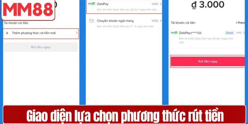 Giao diện lựa chọn phương thức rút tiền MM88 trên hệ thống