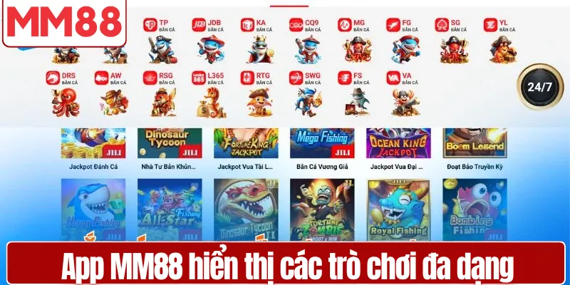 Tải App MM88 Nhanh Chóng Trên Điện Thoại iOS và Android Giao diện chính của app MM88 hiển thị các trò chơi đa dạng